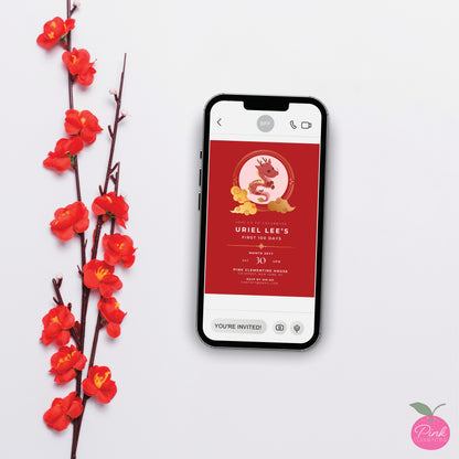 Red egg and ginger baby shower invitation displayed on a phone. Editable template features red baby dragon in round frame wrapped and faux gold clouds.