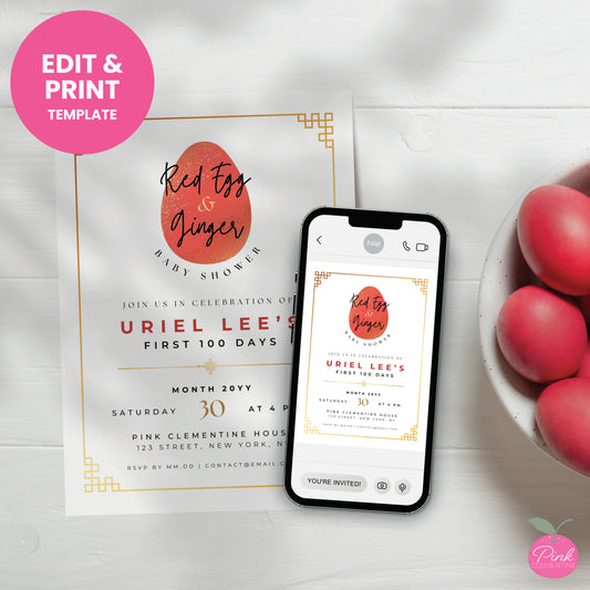 Red egg and ginger baby shower editable invitation template. Design features faux gold minimalist border with red egg.