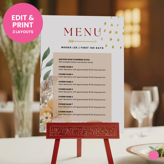 Red egg and ginger baby shower editable menu card template. Design features boho style flowers and feathers with faux gold elements.