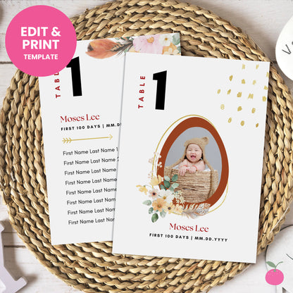 Editable Red Egg & Ginger Table and Seating Cards: Boho Feathers, 5x7 Templates