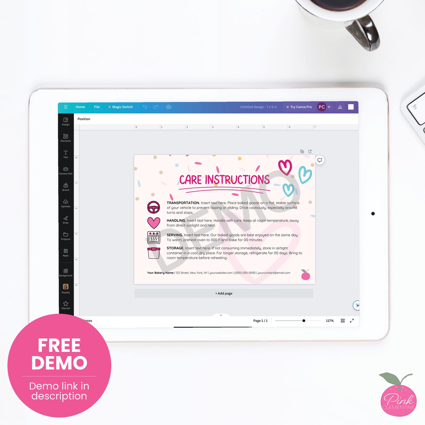 Cookie bakery product care card featuring doodle icons displayed as free editable demo Canva template.