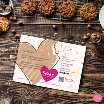 Editable cookie bakery gift card featuring bitten heart-shaped cookie design. 5"x7" template dimensions indicated. 