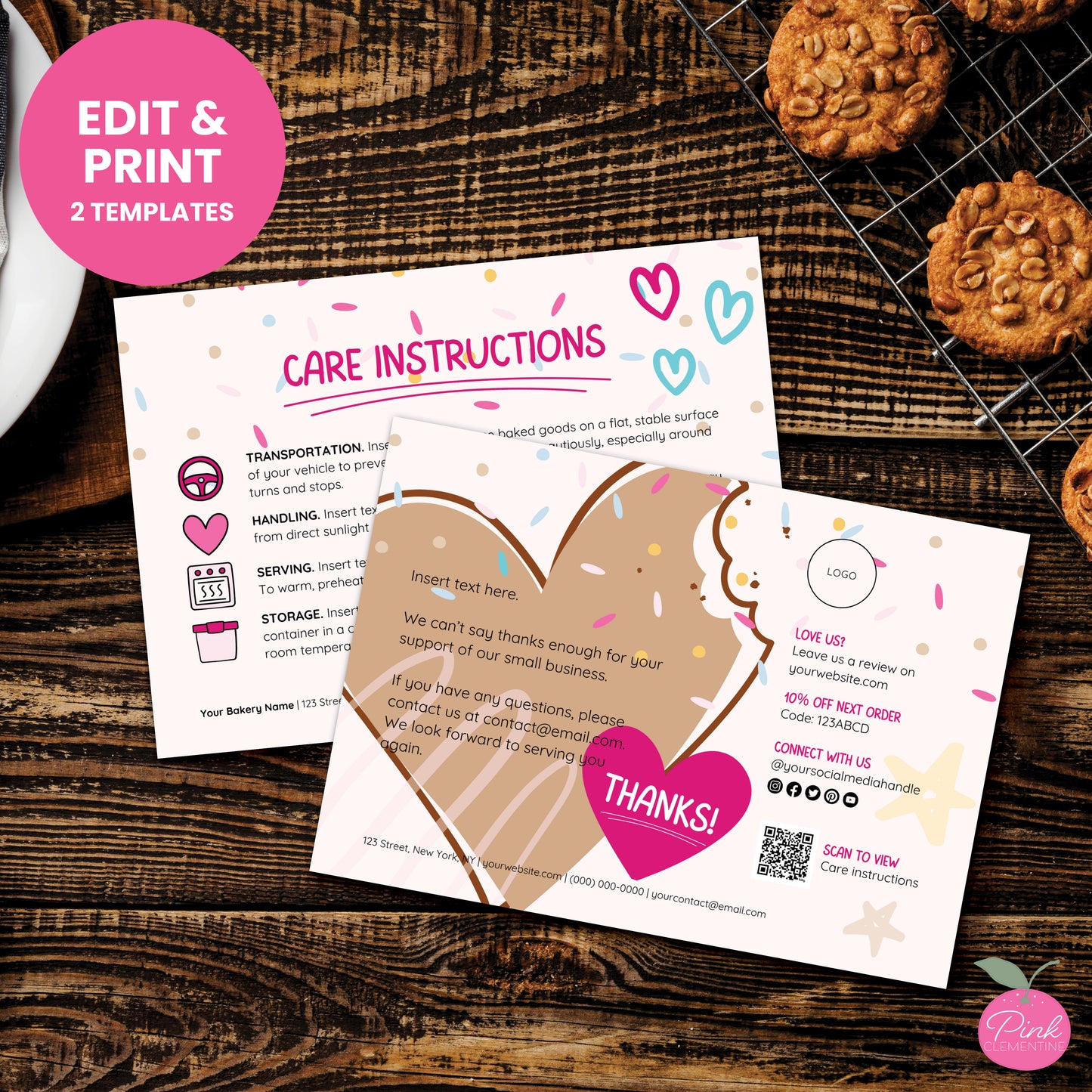 Editable cookie bakery thank you and product care instruction card templates featuring doodles and bitten heart shape design.