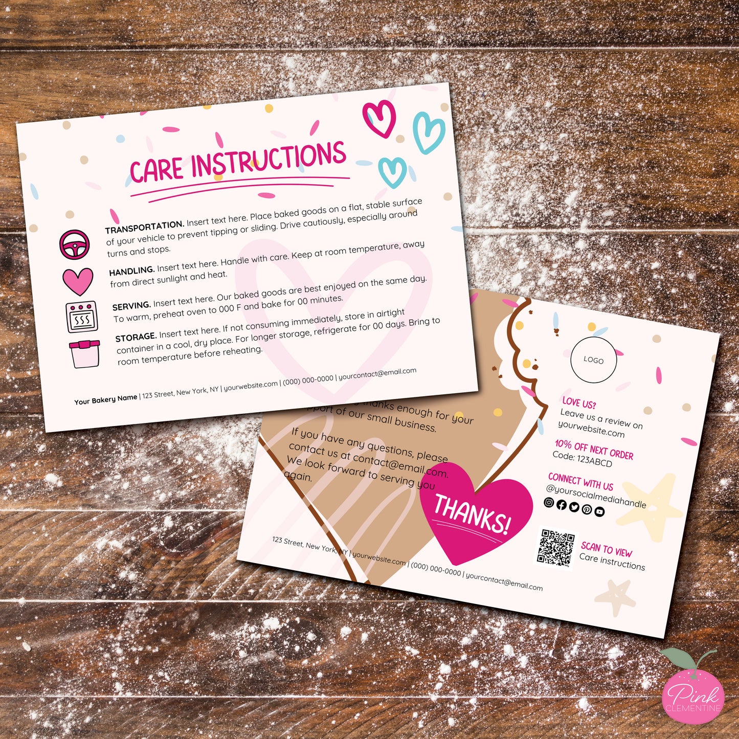 Editable cookie bakery thank you and product care instruction card templates featuring doodles and bitten heart shape design.