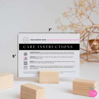 Editable bakery product care instruction card in minimalist black design. 5"x7" template dimensions indicated. 