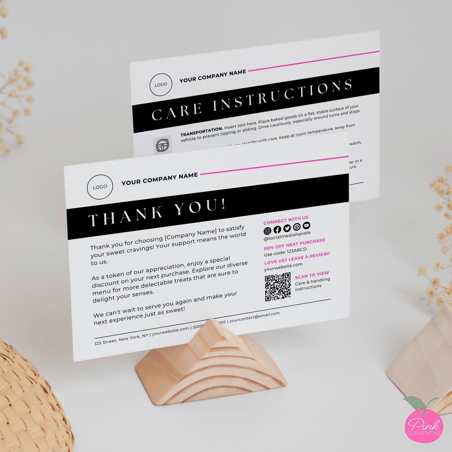 Angled view of editable bakery thank you and product care instruction card templates in minimalist black design.