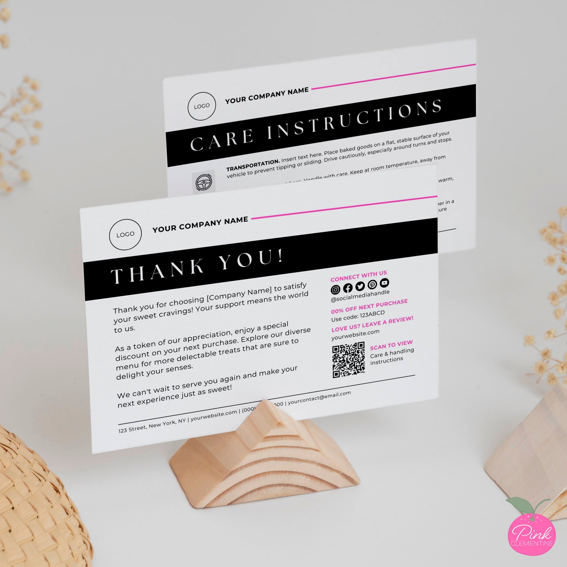 Angled view of editable bakery thank you and product care instruction card templates in minimalist black design.