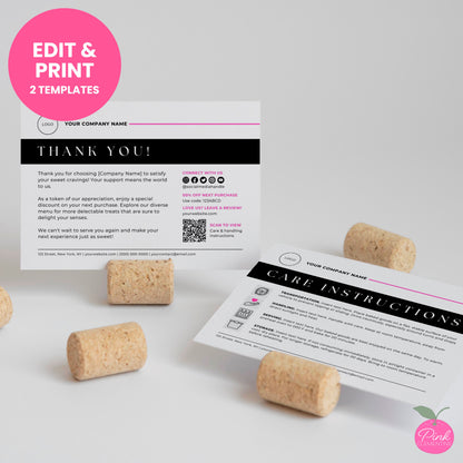 Editable bakery thank you and product care instruction card templates in minimalist black design.