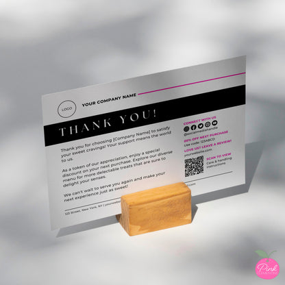 Close up of editable bakery thank you card template in minimalist black design.